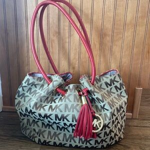 Michael Kors signature jacquard Medium East West Ring Tote BG / EB / Red
